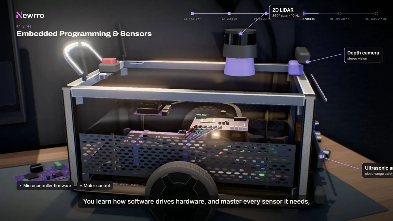 The assembled robot with its 2D LiDAR and depth camera labelled
